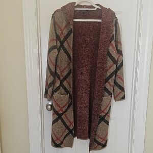 Open-Front Hooded Duster Sweater in Brown and Rust
